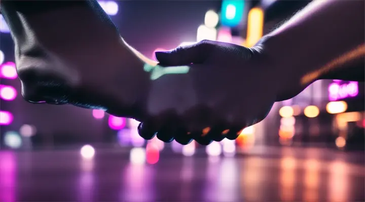 male hand in black glov taking female hand in white t-shirt against rain background in neon lit city, close-up, anime