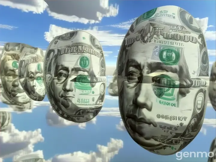 a group of dollar bills floating in the air