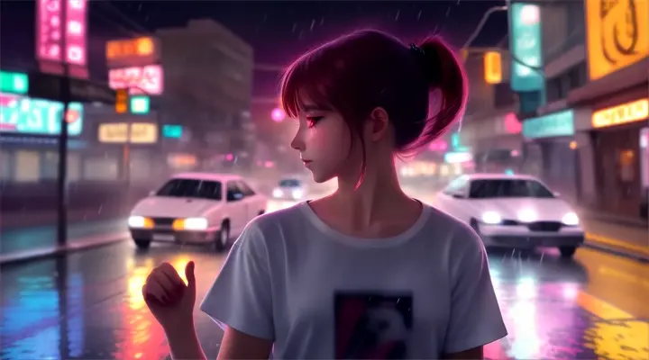 girl in a white t-shirt dancing in the rain against the background of wet asphalt, neon signs and passing cars, anime style, Seed: 877870118
