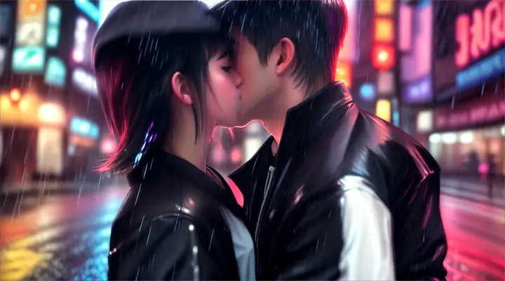 girl in white t-shirt kisses guy in black jacket under the rain against the background of wet asphalt and neon signs, very close-up, anime 