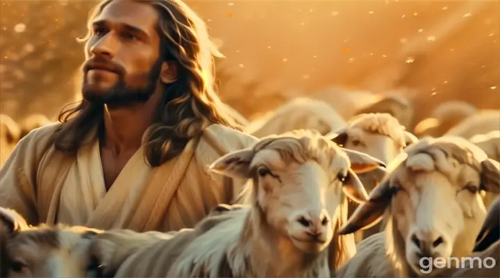 a man with long hair standing in front of a herd of sheep