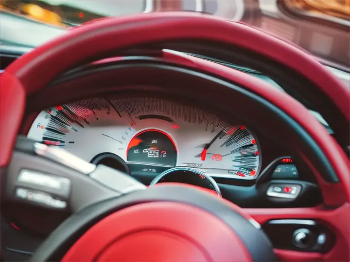 a close up of a steering wheel and dashboard of a car, night time, neon reflection, anime