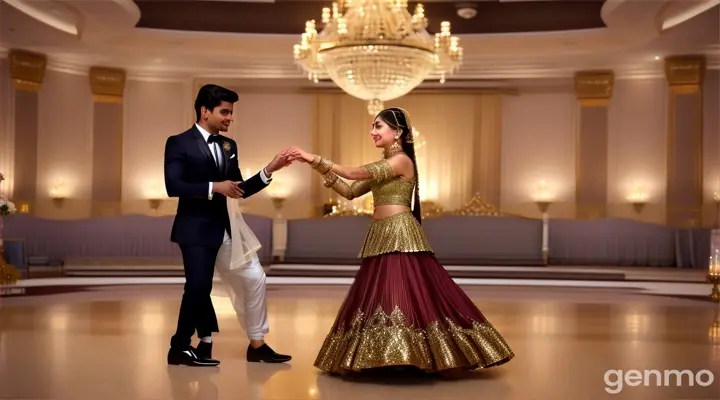 8k wide shot: In a luxurious ballroom filled with soft candlelight, a young Pakistani couple in modern outfits dances slowly. The girl looks up at the boy with romantic eyes, while the boy smiles tenderly, their movements in perfect harmony with the music.

