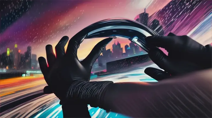 Close up of man hands in black gloves on steering wheel, water droplets flying against stylized anime art background