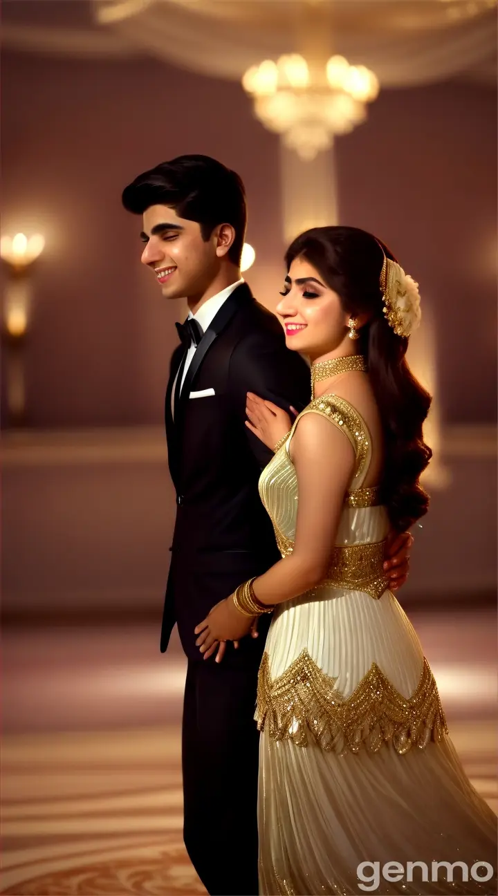 8k wide shot: In a luxurious ballroom filled with soft candlelight, a young Pakistani couple in modern outfits dances slowly. The girl looks up at the boy with romantic eyes, while the boy smiles tenderly, their movements in perfect harmony with the music.
