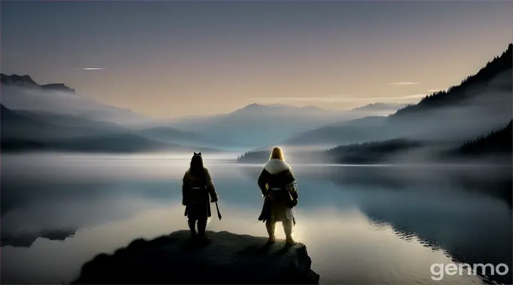 a warrior man and a wolf in vintage clothing, draped in shawls, on the edge of a moonlit lake surrounded by misty mountains