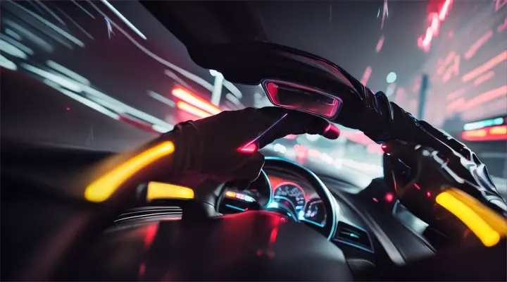 two male hands in black gloves on the steering wheel of car, night, rain, neon lite, city street, anime style