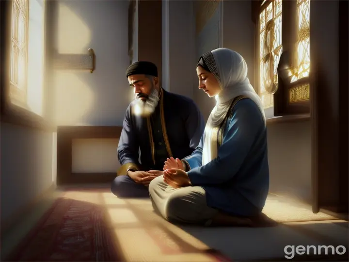 A poor Muslim man and Muslim woman offering prayer in room