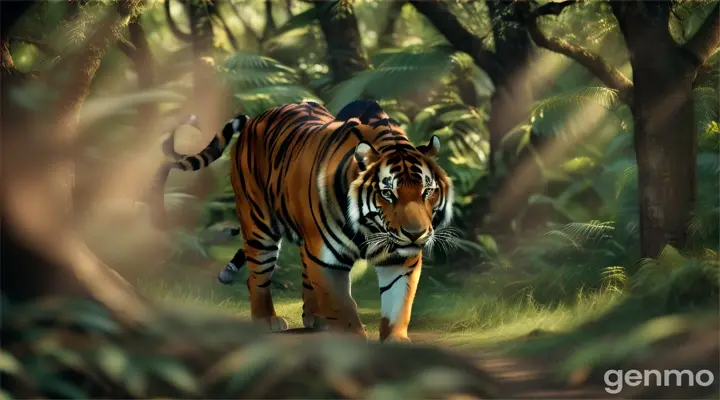 Cinematic medium shot of a tiger walking in the jungle, soft lighting, 4k, sharp, Canon C300, depth of field, highly detailed.