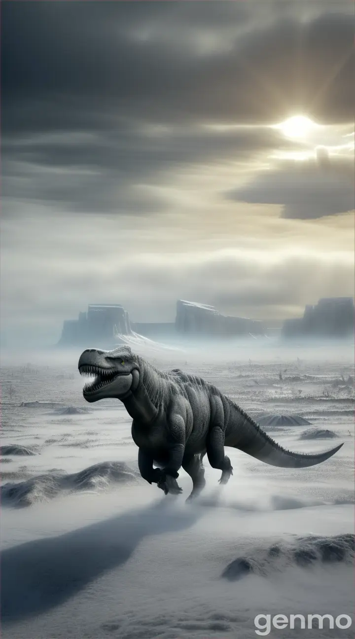 Um ambiente gelado e sombrio, com o sol bloqueado por nuvens densas de cinza e poeira. Nevando. T-Rex. A atmosfera é sombria, transmitindo a sensação de morte lenta e inevitável. Dinossauros caminham distante no horizonte. Proporção 9:16, alta resolução (HD).