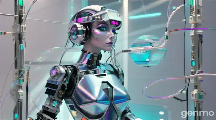 portrait Photography, in front of a white wall, an iridescent cyborg astronaut woman, connected by cables and wires and LED, an attractive transparent  plexiglass body punk PLC Robot with plexiglass motor head, with ray guns, 80 degree view, art by Sergio Lopez , Natalie Shau, James Jean and Salvador Dali