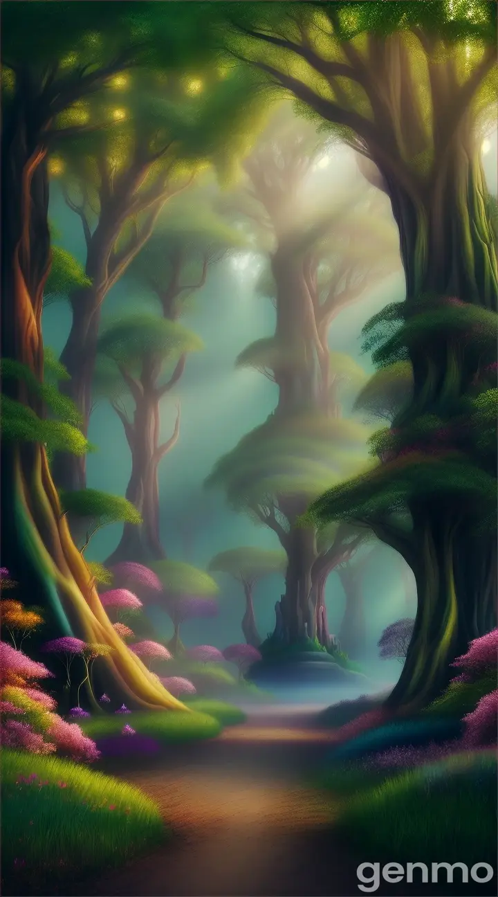 a high-quality artistic rendering of a mystical (райский лес), magical, enchanted, fantasy, vibrant colors, dream-like, ethereal, glowing, surreal, lush foliage, whimsical, fairy tale, nature, forest, digital painting, fantasy landscape, detailed, picturesque, 4k