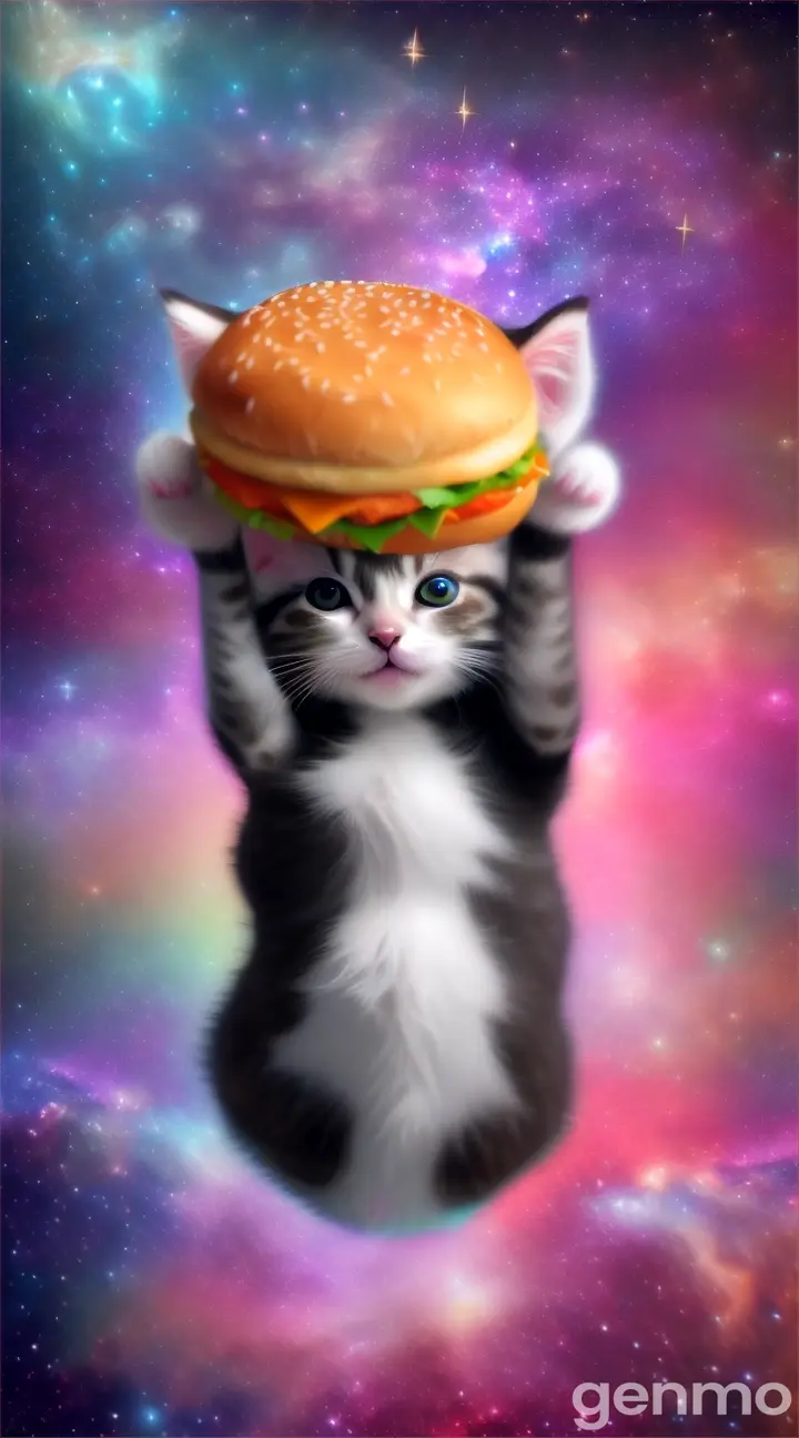 Kitten flying through space with cheeseburgers