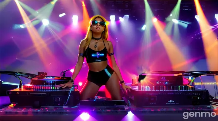 Music concert. Female DJ on stage. Women in rectangular sunglasses, shiny headphones and low-cut latex swimsuits stand near the DJ mixing console and electric piano in a club. Straight laser beams of bright colors against the background of large television screens. Rays of light music pierce everything around.