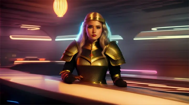 Medieval fantasy characters reimagined with futuristic costumes, in a dimly lit, futuristic bar setting, celebrating a successful quest