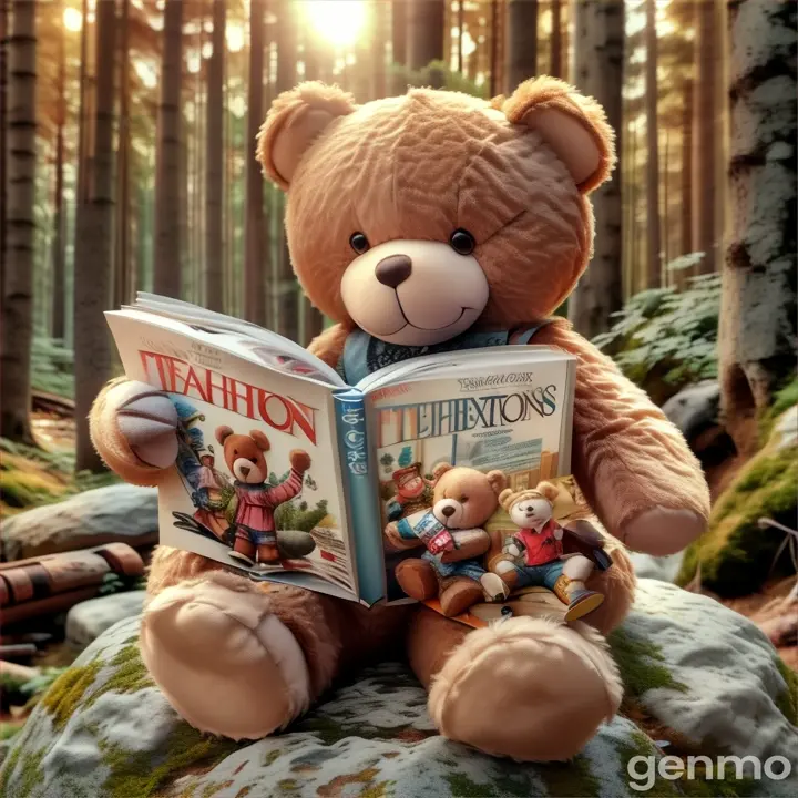 a teddy bear sitting on a rock reading a fashion book