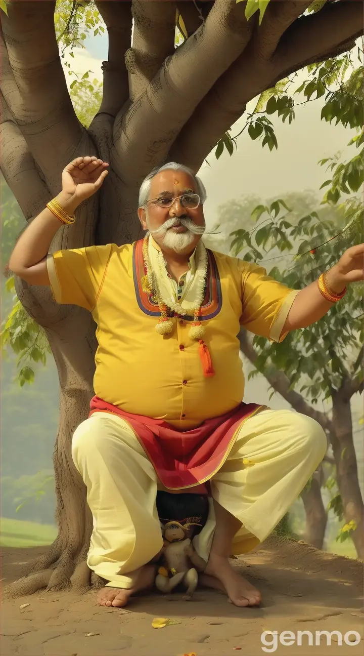 Here’s a prompt to create an image for the "लालाजी ने केला खाया" cartoon song:

---

Create a vibrant, cartoon-style image featuring a jolly character named लालाजी, a plump and cheerful older man with a big mustache and round glasses, dressed in traditional Indian attire (kurta and dhoti). He is happily eating a large, bright yellow banana while sitting under a big tree. Nearby, a playful monkey (बंदरिया) is jumping around, eagerly looking at लालाजी, hoping to get a banana. In the background, there are more bananas hanging from the tree and a sunny, blue sky with a few fluffy clouds. The setting is a colorful and lively village scene, with a simple house, green grass, and flowers. The image should be joyful and engaging, capturing the fun and playful mood of the song.

---

