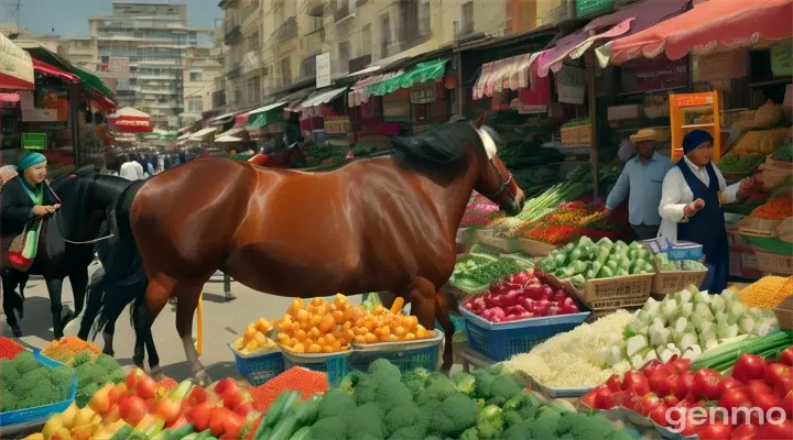 16;9 cartoon style  The horse struts confidently into a bustling vegetable market (سبزی منڈی), where vibrant fruits and vegetables are displayed,