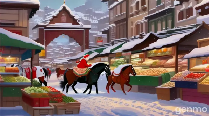 16;9 cartoon style in The snowy bustling vegetable market (سبزی منڈی)  The cute cartoon horse hops around playfully, trying to avoid slipping 