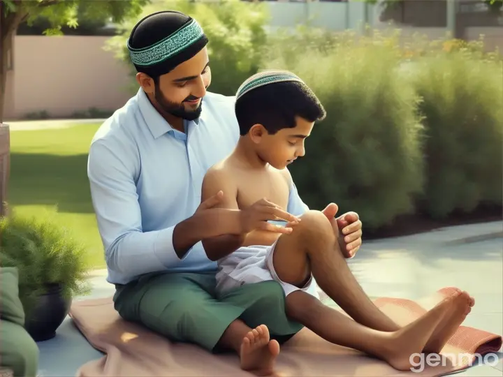 A Muslim boy massing legs of his father