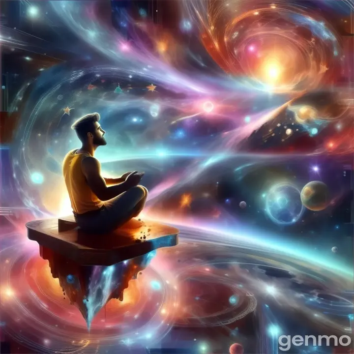 a man sitting on top of a table in front of a space filled with stars