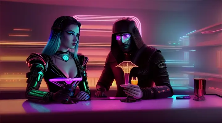 Futuristic medieval couple, drinking cocktails in a neon-lit cyber tavern with alien artifacts