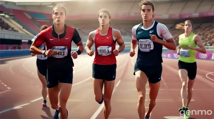 The atmosphere is electric, with other athletes preparing beside him, the Olympic rings prominently displayed near the track