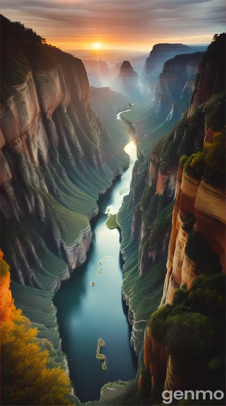 Sky-high canyon surrounded by lush plant life and a calm water feature at the base, with a unique list of flora spanning ecoregions