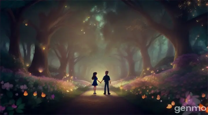 A boy and girl walking through a magical forest at night, surrounded by fireflies, flowers, and moths in cinematic style cartoon love boys and girls