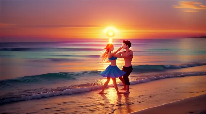 anime game: myku image:
A couple dancing on a serene beach at sunset. 