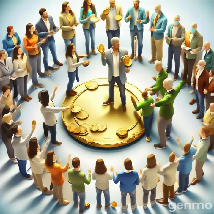 a group of people standing around a golden coin