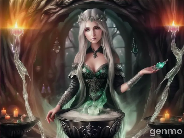 Beautiful witchy goddess Cerridwen (long silver grey hair & green eyes) cauldron, magick potion bottles, herbs, crystals, otherworldly, enchanting, (landscape)