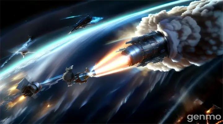 "An image illustrating a spacecraft performing a fuel-intensive orbital change, with visible exhaust plumes from its thrusters as it moves from one orbit to another. The scene should depict the spacecraft in motion, with Earth’s horizon in the background, emphasizing the amount of energy required to achieve the maneuver."