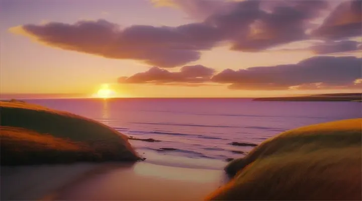 Quiet Endings:  A sunset over a quiet beach or countryside, with gentle waves or a field of grass softly blowing in the breeze. realistic and natural.
