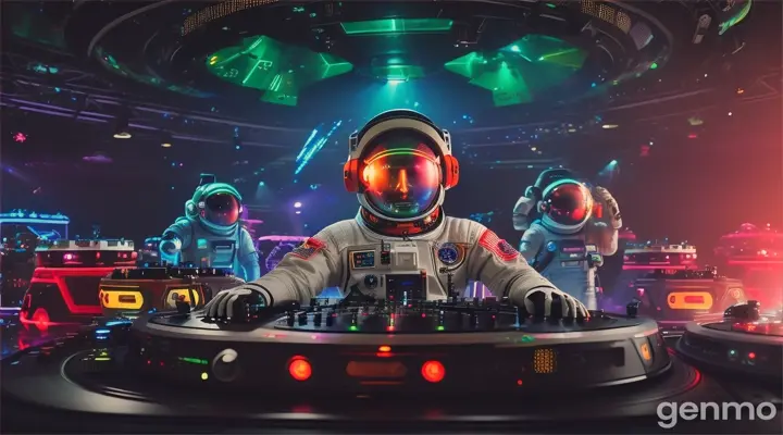 Astronaut using 3 dj turntables and mixer in galactic Rainforest with crowds of people in attendance 