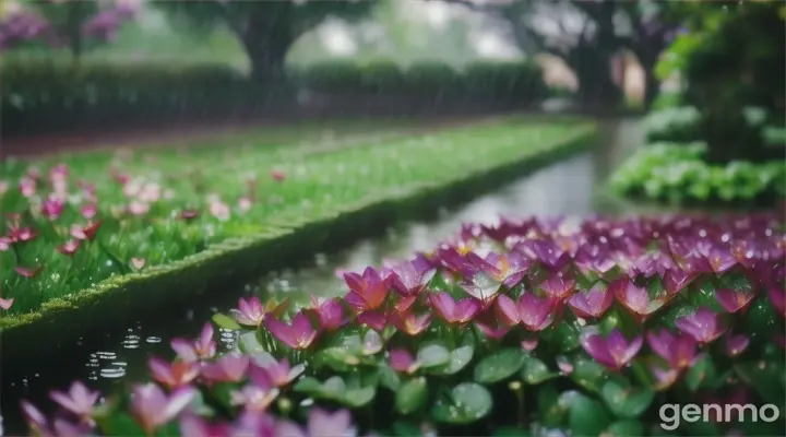 It is raining in a beautiful garden.