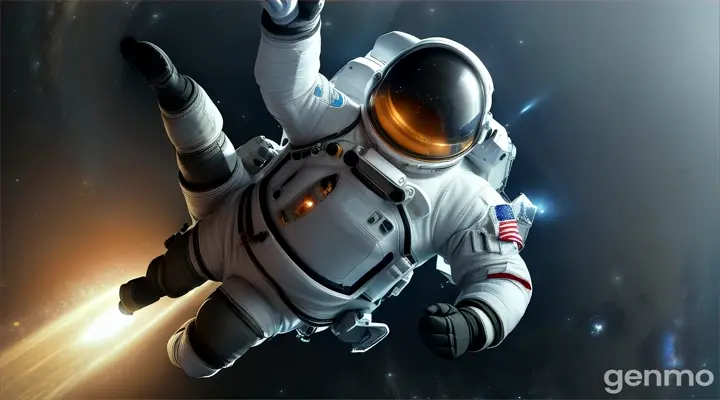 "A scene contrasting the expectation versus reality of using a propulsion system like SAFER in space. The image should show an astronaut attempting to make a precise maneuver, with the SAFER thrusters engaged but struggling to achieve the desired direction and speed, emphasizing the limitations of the system compared to how it’s sometimes portrayed."