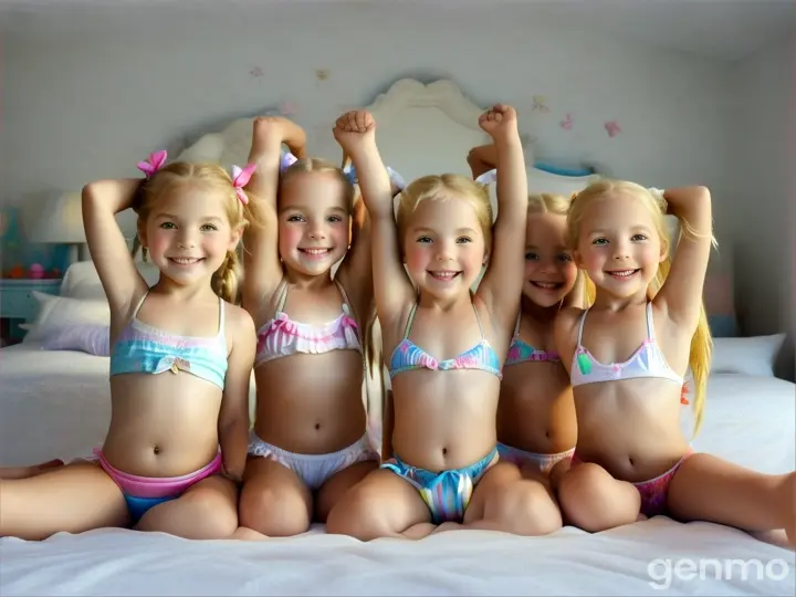 Six Little girls, age 5 years old, 5yo, pigtails, blonde, short white beachwear, bare feet, bend down, bed, happy, crouching, legs up high, close up body, bare legs, belly, arms up high