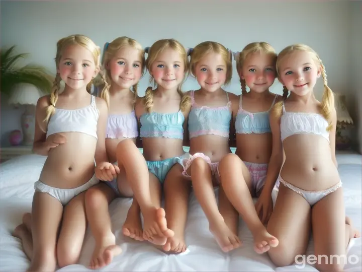 Six Little girls, age 5 years old, 5yo, pigtails, blonde, short white beachwear, bare feet, bend down, bed, happy, crouching, legs up high, close up body, bare legs, belly, arms up high