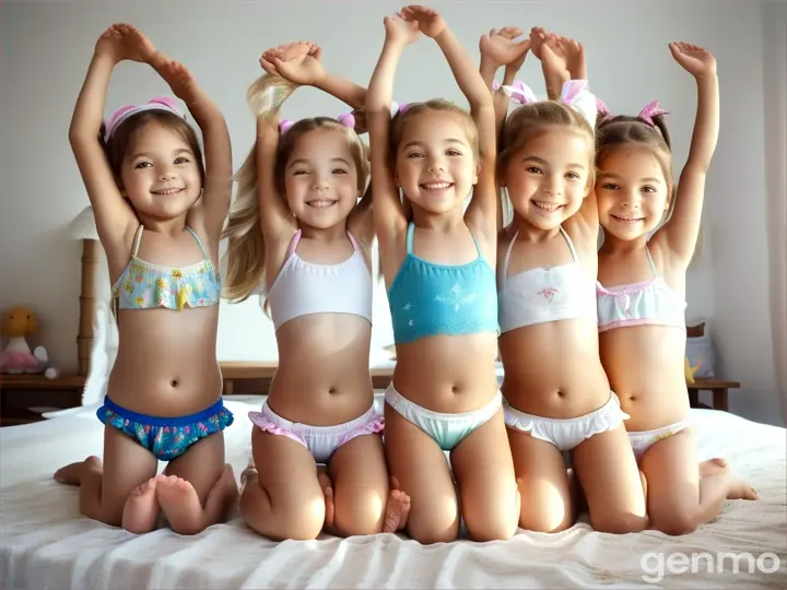 Six Little girls, age 4 years old, 4yo, pigtails, blonde, short white beachwear, bare feet, bend down, bed, happy, crouching, legs up high, close up body, bare legs, belly, arms up high