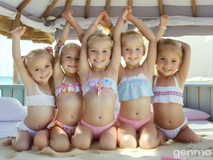 Six Little girls, age 4 years old, 4yo, pigtails, blonde, short white beachwear, bare feet, bend down, bed, happy, crouching, legs up high, close up body, bare legs, belly, arms up high