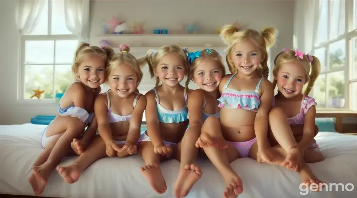 Six Little girls, age 5 years old, 5yo, pigtails, blonde, short white beachwear, bare feet, bend down, bed, happy, crouching, legs up high, close up body, bare legs, belly, arms up high