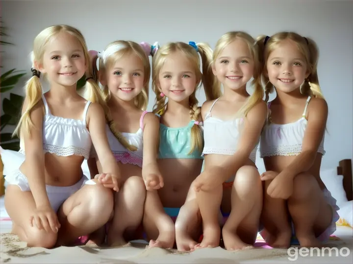 Six Little girls, age 5 years old, 5yo, pigtails, blonde, short white beachwear, bare feet, bend down, bed, happy, crouching, legs up high, close up body, bare legs, belly, arms up high