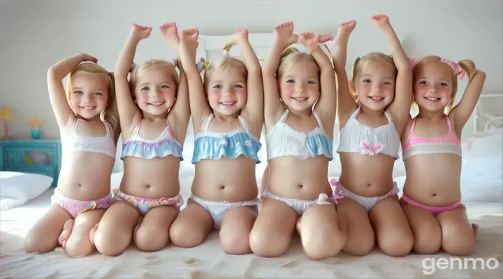 Six Little girls, age 5 years old, 5yo, pigtails, blonde, short white beachwear, bare feet, bend down, bed, happy, crouching, legs up high, close up body, bare legs, belly, arms up high