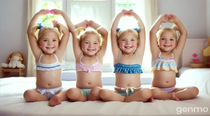 Six Little girls, age 5 years old, 5yo, pigtails, blonde, short white beachwear, bare feet, bend down, bed, happy, crouching, legs up high, close up body, bare legs, belly, arms up high