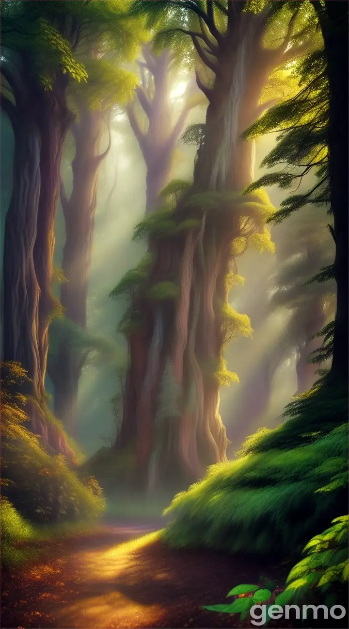 a high-quality artistic rendering of a mystical (райский лес), magical, enchanted, fantasy, vibrant colors, dream-like, ethereal, glowing, surreal, lush foliage, whimsical, fairy tale, nature, forest, digital painting, fantasy landscape, detailed, picturesque, 4k