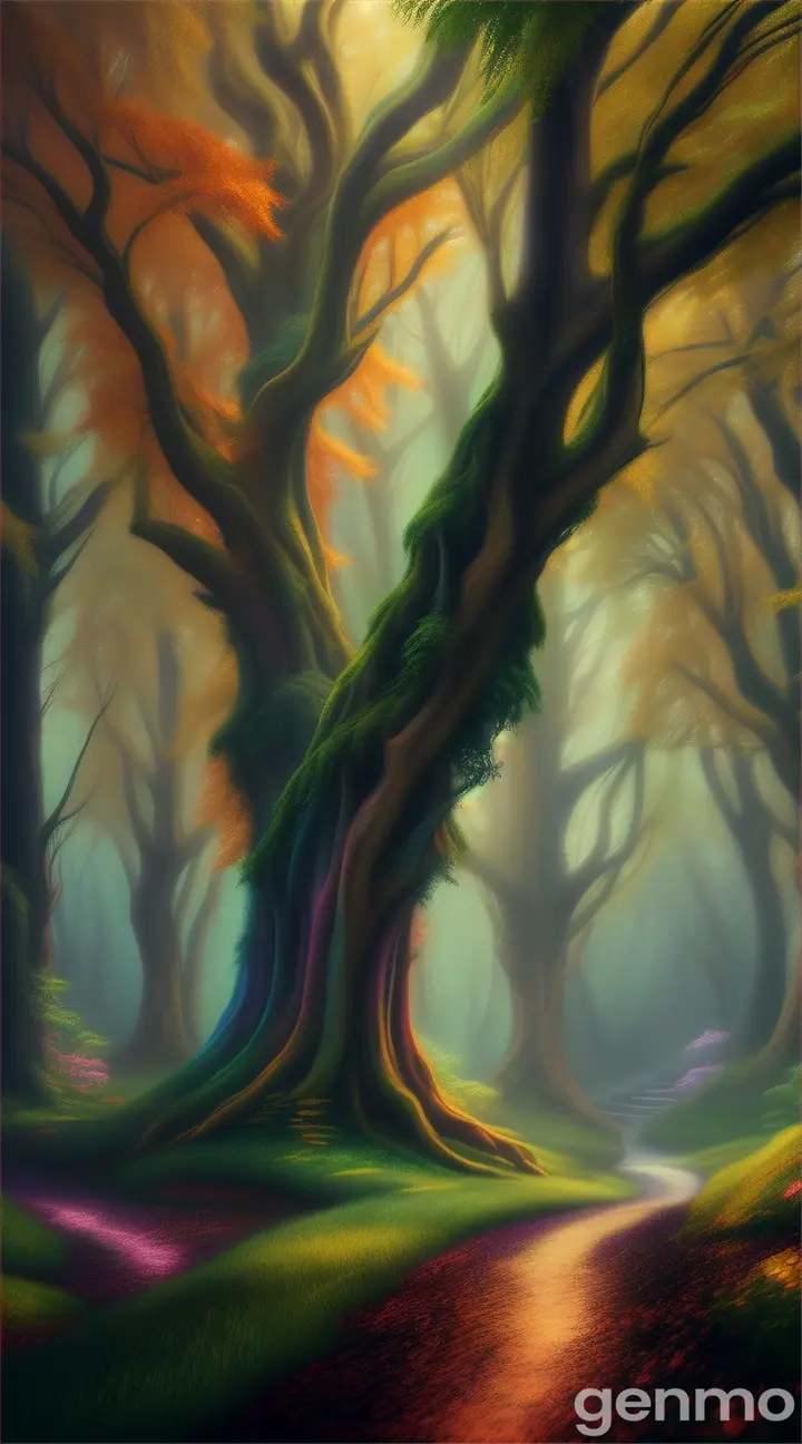 a high-quality artistic rendering of a mystical (райский лес), magical, enchanted, fantasy, vibrant colors, dream-like, ethereal, glowing, surreal, lush foliage, whimsical, fairy tale, nature, forest, digital painting, fantasy landscape, detailed, picturesque, 4k