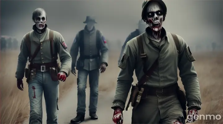 closeup of 1864 confederate civil war zombie soldiers walking slowly zombies bleeding gore horror movie  