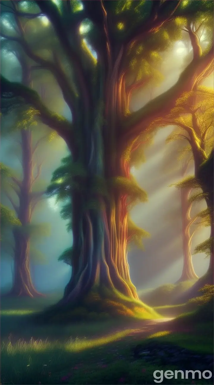 a high-quality artistic rendering of a mystical (райский лес), magical, enchanted, fantasy, vibrant colors, dream-like, ethereal, glowing, surreal, lush foliage, whimsical, fairy tale, nature, forest, digital painting, fantasy landscape, detailed, picturesque, 4k