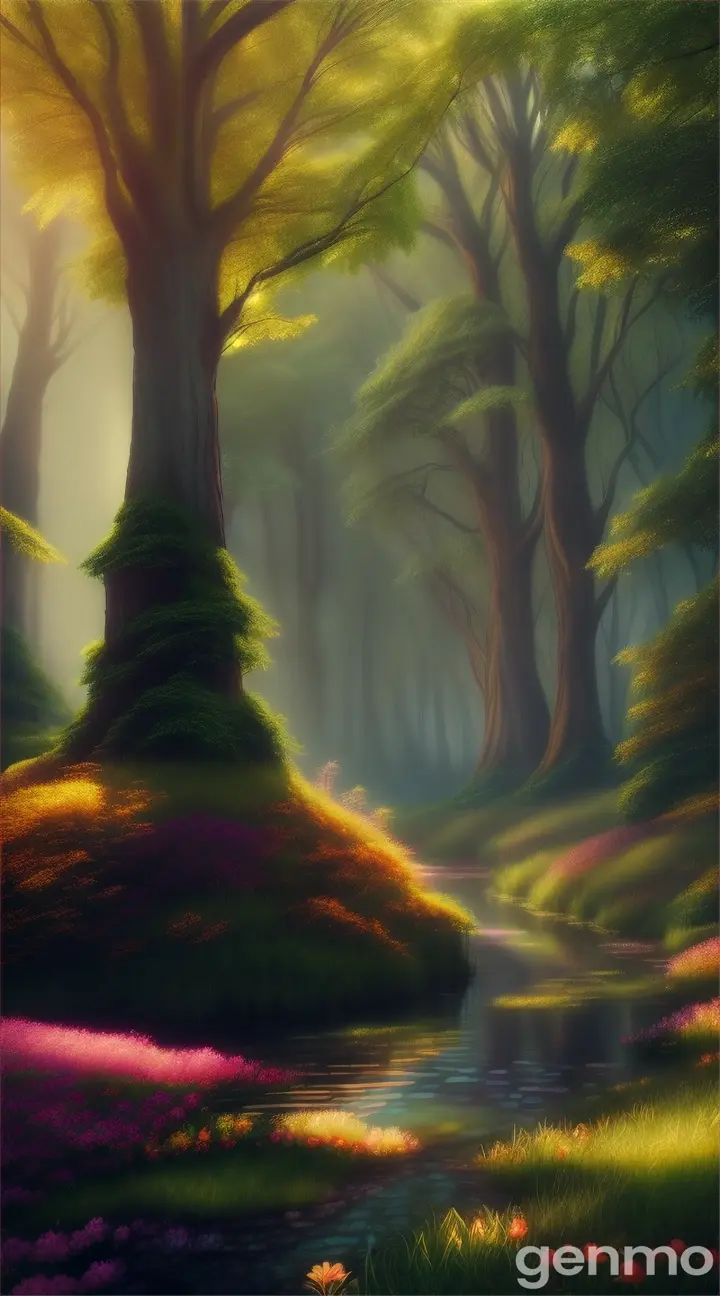 a high-quality artistic rendering of a mystical (райский лес), magical, enchanted, fantasy, vibrant colors, dream-like, ethereal, glowing, surreal, lush foliage, whimsical, fairy tale, nature, forest, digital painting, fantasy landscape, detailed, picturesque, 4k